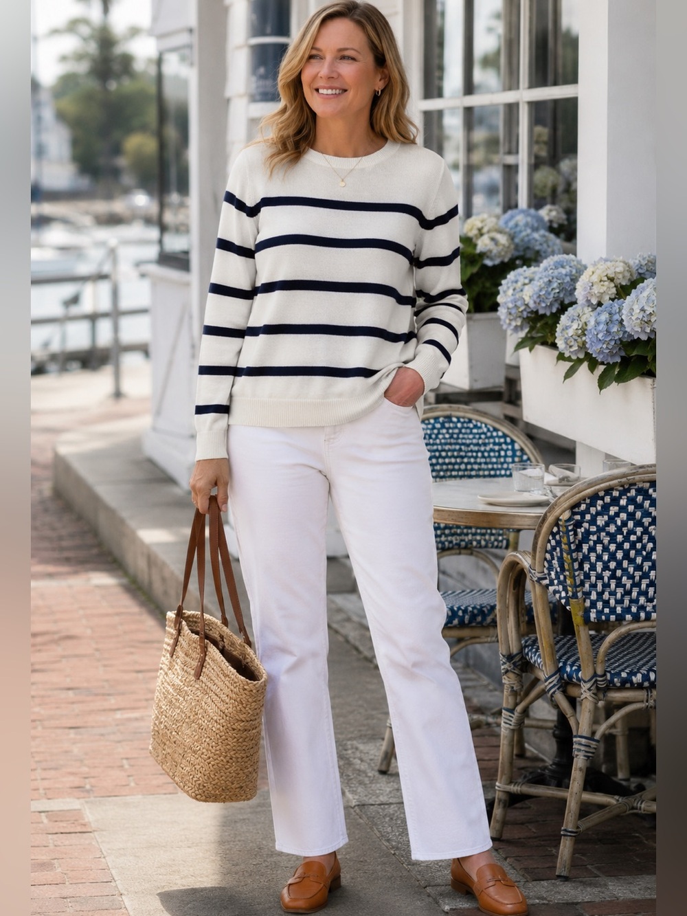 Old Navy Womens 100% Cotton Breton Stripe Sweater Cream Navy Long Sleeve Size S